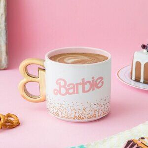 Barbie Ceramic Mug | White with Pink “Barbie” Text & Gold Handle | 17 oz